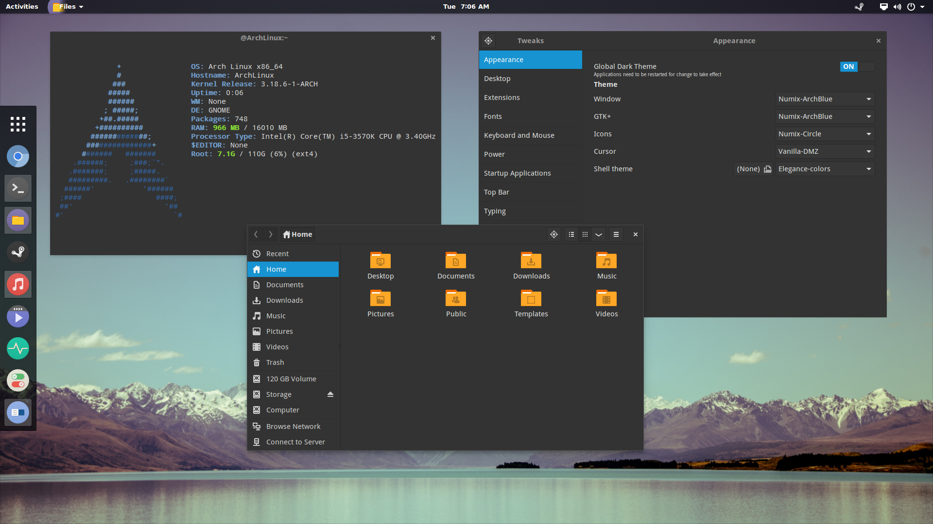 Archlinux Gnome. Numix Theme. Archlinux-gui-Gnome. Numix icon Theme.