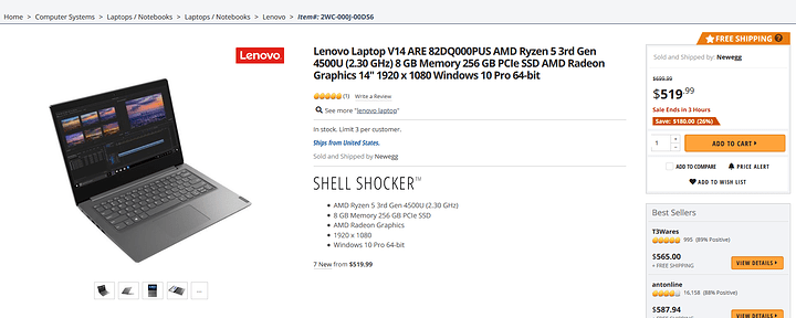 Screenshot_2020-07-19 Lenovo Laptop V14 ARE 82DQ000PUS AMD Ryzen 5 3rd Gen 4500U #40;2 30 GHz #41; 8 GB Memory 256 GB PCIe