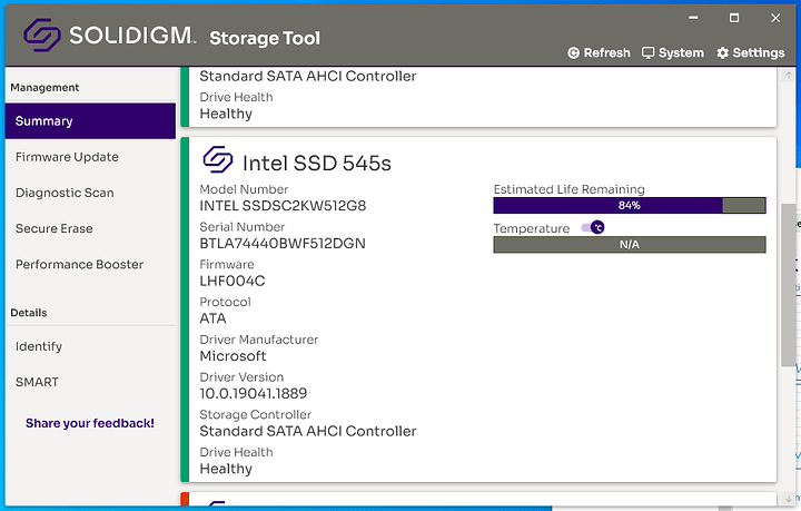 Intel 545s Series 512 GB SSD Solidigm Storage Tool driver version 2023-04-11