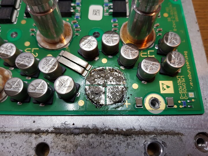 Close-up of the damage on the PCB