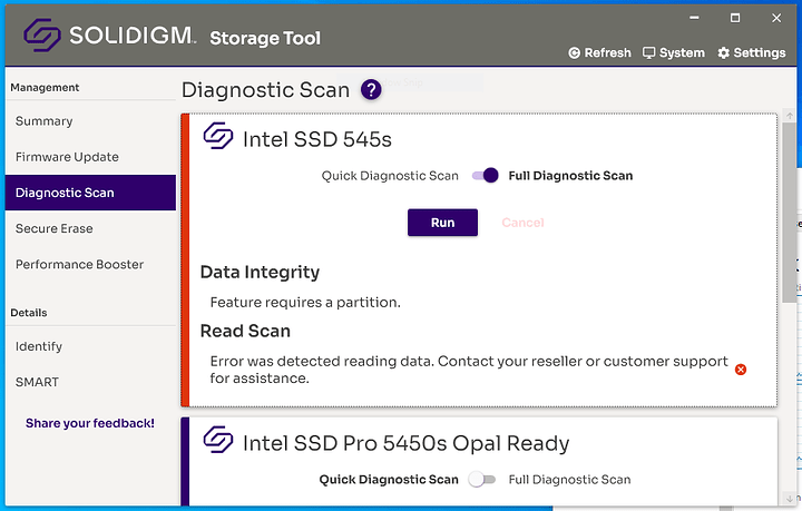 Intel 545s Series 512 GB SSD Solidigm Storage Tool read fail 2023-04-11