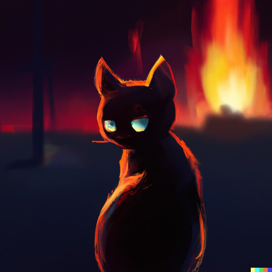 DALL·E 2022-10-03 10.42.41 - A black slender cat watching the world burn, digital art