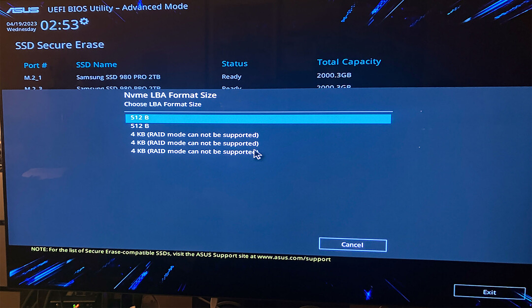 Formatting the Optane SSD P1600X SSDPEK1A118GA01 to use 4k blocks ...