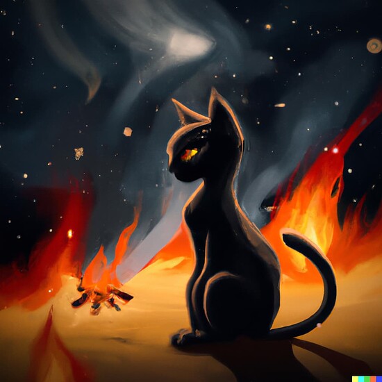 DALL·E 2022-10-03 10.42.25 - A black slender cat watching the world burn, digital art