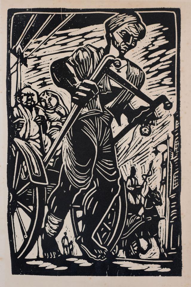 A woodcut art print showing a man pulling a wagon with two people in it