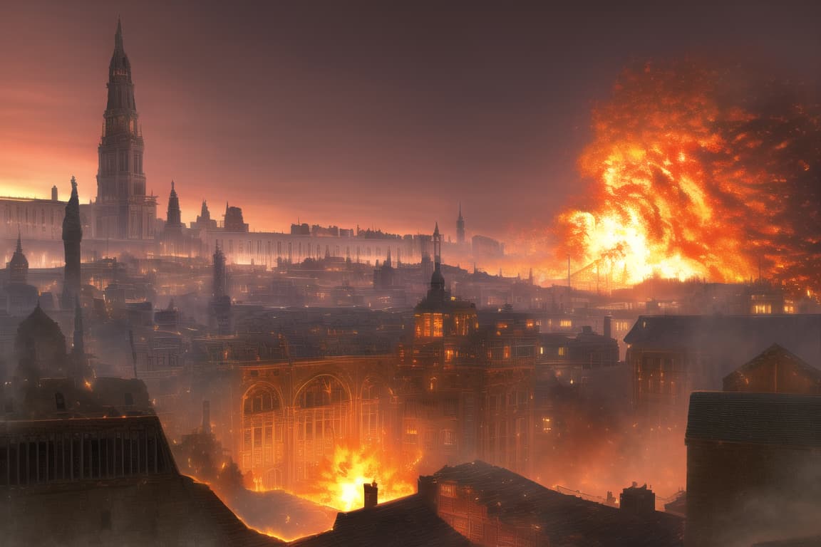 {{{architecture}}}, steampunk, fire,{{ explosion}}, city, stone wall, arches, pillars, {{realistic}}, landscape, painterly, red sky, smoke s-2038520532